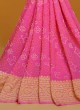 Pink Chiffon Bandhani Saree With Weaving Embroidery